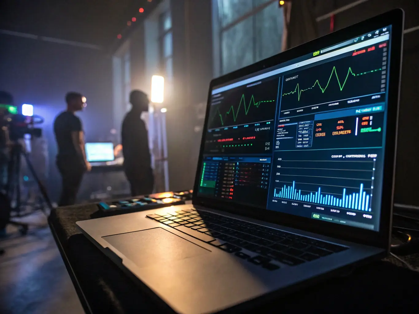 A digitally enhanced image illustrating the AI-powered analytics dashboard of the Dozee VS system, highlighting real-time data visualization and trend analysis. The dashboard should display various vital signs and alerts.